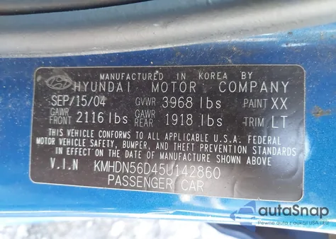 2005 Hyundai Elantra Gls/Gt z USA, uszkodzony, nr VIN KMHDN56D45U142860